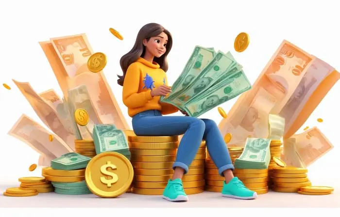 ROI Concept Girl with Gold Coin and Money 3D Design Illustration